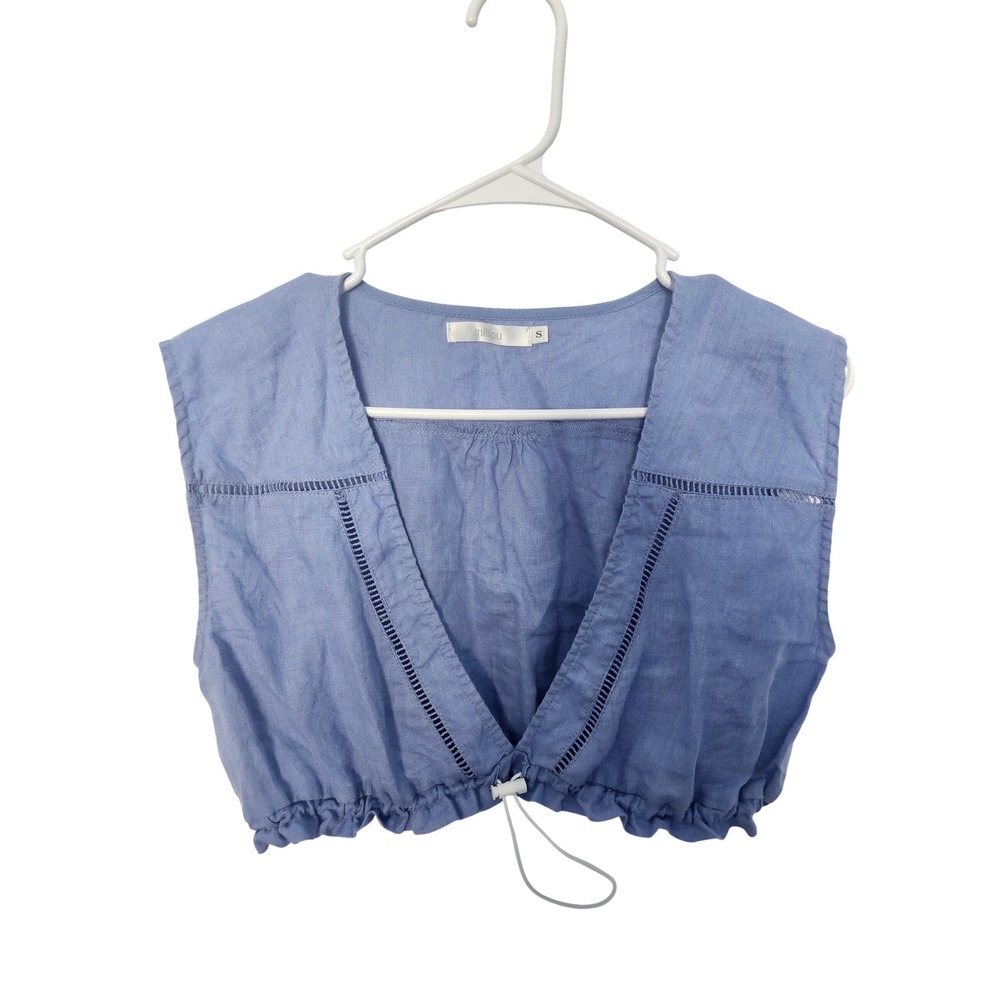 Millau Womens Small Blue 100% Linen Cropped V-Neck Vest Top Ladder Stitch Trim
